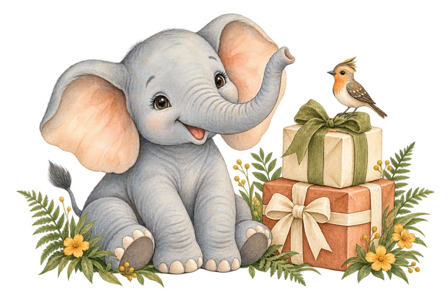 A happy baby elephant with ribbon-wrapped birthday presents and a tiny bird friend