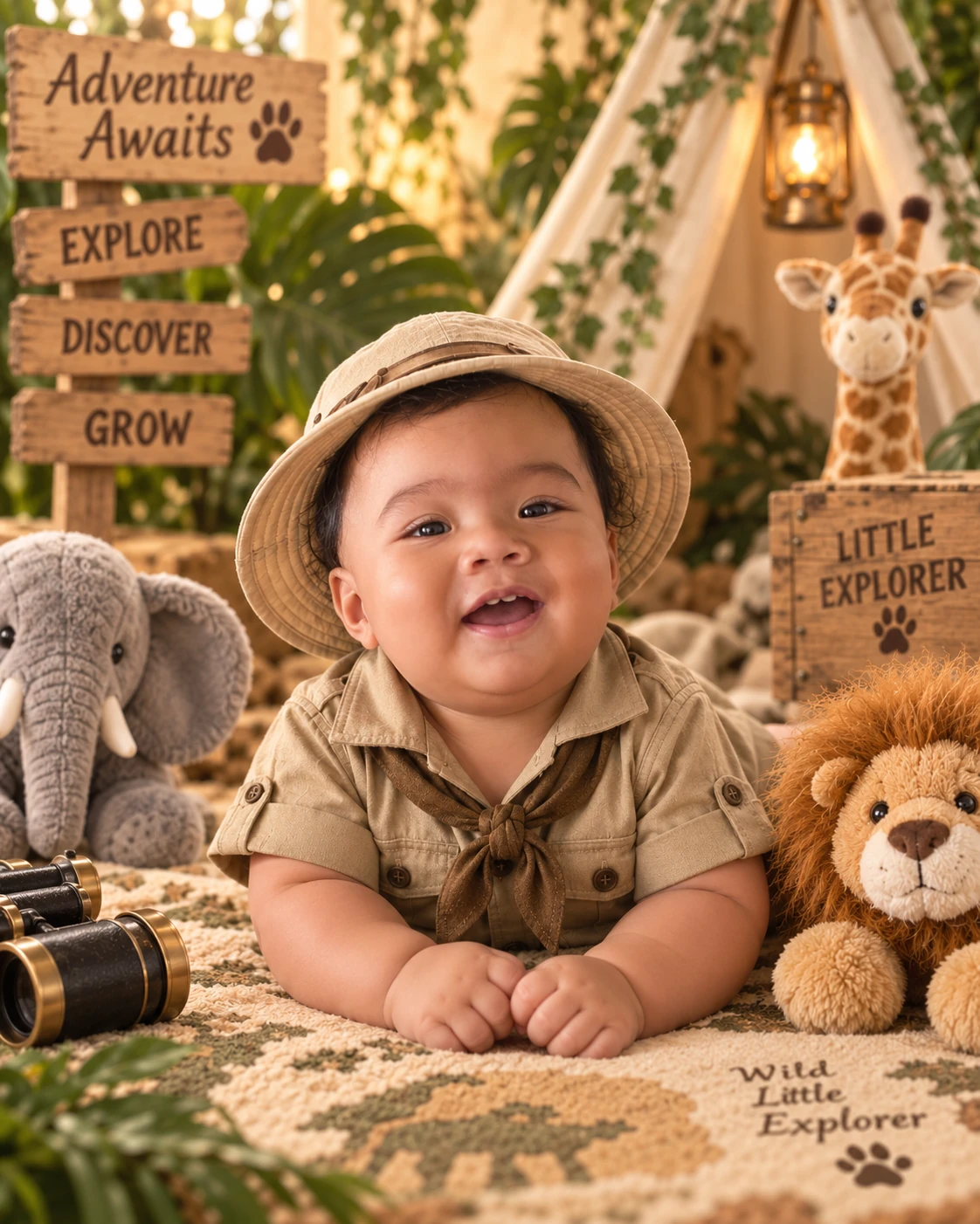 Elior smiling in his safari hat, surrounded by plush elephant, lion, and giraffe friends