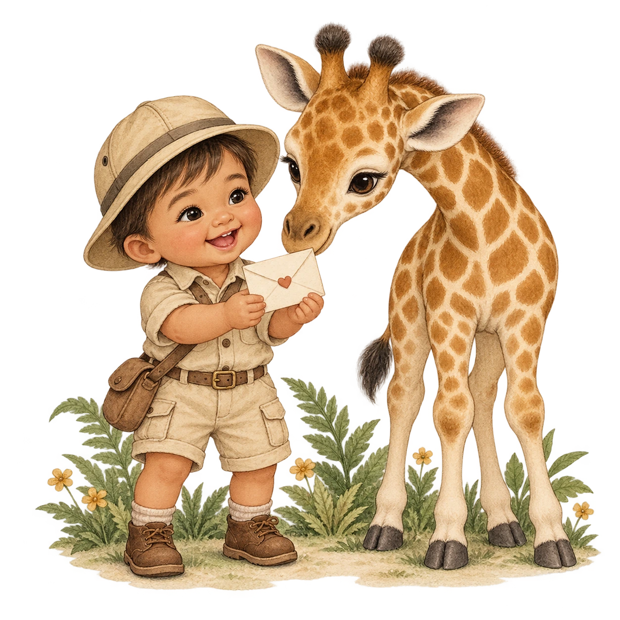 A little safari explorer holding a heart-sealed invitation beside his curious baby giraffe friend